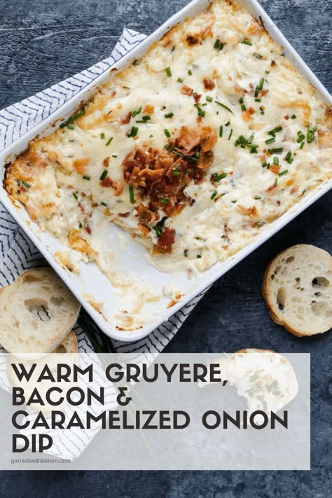 Need an appetizer that will wow your family and friends? This Warm Gruyere Bacon and Caramelized Onion dip is ALWAYS the first one gone at a party. #dips #bacon #appetizers #holidays #easyentertaining Party Appetizer Dips, Caramelized Onion Dip, Bacon Appetizers, Onion Dip, Party Dips, Caramelized Onion, Dinner Appetizers, At A Party, Holiday Appetizers