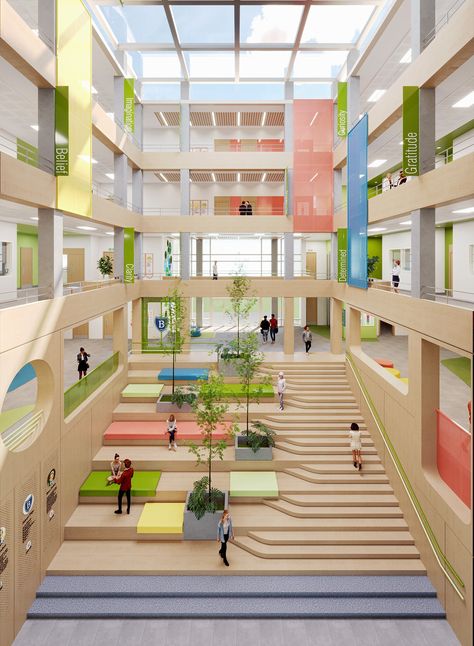 Schools Interior Design, School Entrance Design Architecture, School Atrium Design, School Main Entrance Design, Schools Architectural Design, School Entry Design, Architecture School Project, School Courtyard Design, School Architecture Interior