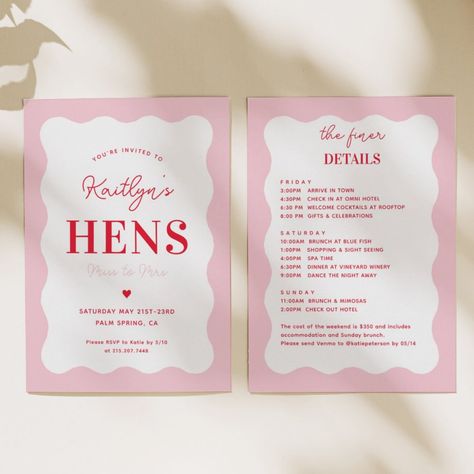 Bachelorette Party Invitations pink and red wavy hen weekend party  invitation pink and red wavy wave invitations pink bridal shower bridal shower party hen party retro bachelorette bachelorette weekend hen weekend bach itinerary #Invitation #card #template #design #pinterestquotes #pinterestideas #pinterestmom #pinterestwedding #aesthetic #love #art #pinterestsuccess Hens Party Itinerary, Hen Do Stationery, Bach Itinerary, Party Invitations Pink, Hens Night Ideas, Hens Weekend, Hens Ideas, Hens Party Ideas, Retro Bridal Showers