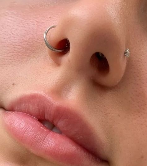 Nose Piercing Double Side, Hoop And Stud Nose Piercing Both Sides, Nose Pericings Both Sides, Double Pierced Nose, Nose Piercing Ideas Double, Paired Nostril Piercing, Double Nose Piercing Aesthetic, 2 Nose Piercing, Nose Piercings On Both Sides