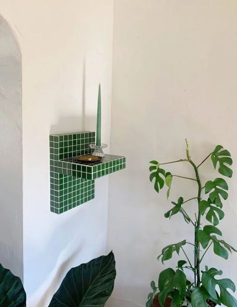 Tiled Shelf, Tile Shelf, Diy Floating Shelf, Green Shelf, Product Launching, Tile Furniture, Home Aesthetics, Green Furniture, House Room