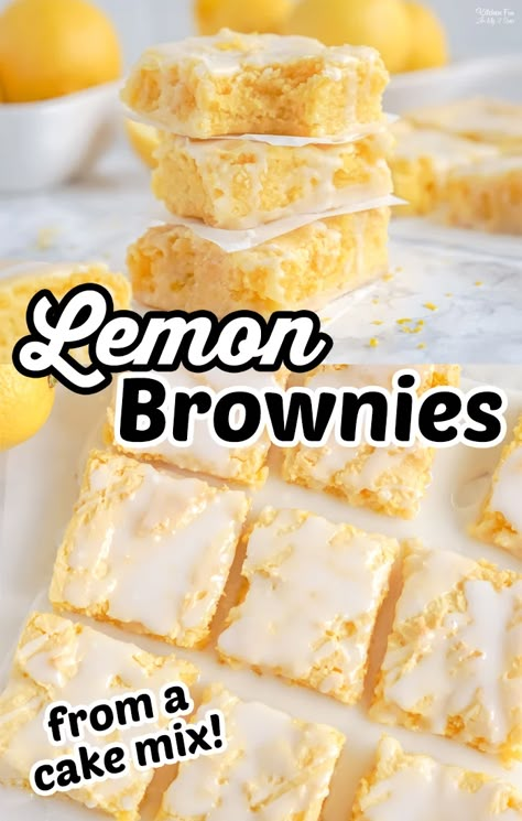 Lemon Cake Desserts, Lemon Cake Mix Ideas, Lemon Brownies With Cake Mix Boxes, Lemon Brownies Recipe, Fun Food Ideas For Kids, Lemony Lemon Brownies, Mini Lemon Bundt Cakes, Homemade Lemon Cake, Lemon Cake Mix Recipe