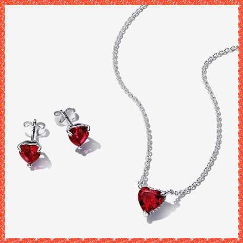 Red Heart Jewelry, Pandora Set, Pandora Valentine, Pandora Red, Red Heart Necklace, Gift Aesthetic, Red Heart Earrings, Pandora Heart, Pandora Necklace