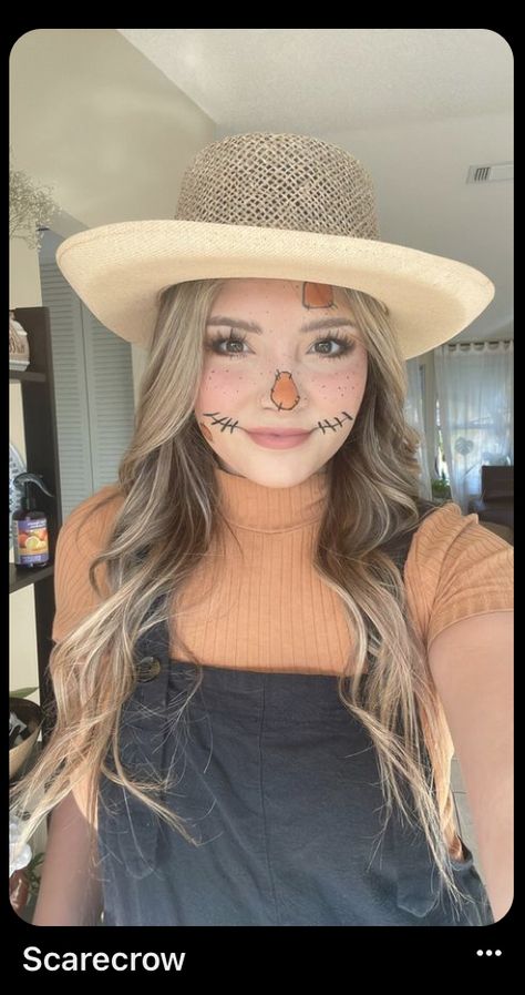 Cute Scarecrow Make Up For Women, Scarecrow Day At School Outfit, Scarecrow Woman’s Costume, Scarecrow Costume Diy Women's Makeup, Holoween Costums Ideas Easy, Womans Scare Crow Costume Diy, Wizard Of Oz Scarecrow Costume Ideas For Women, Easy Halloween Scarecrow Makeup, Diy Adult Scarecrow Costume