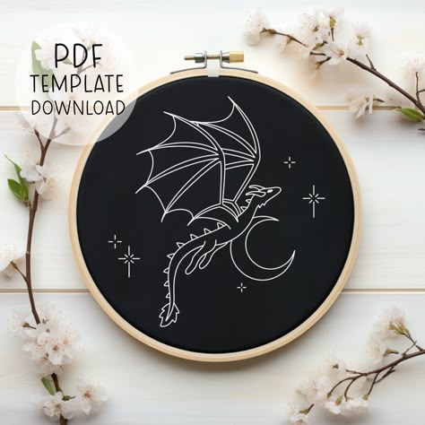 Cute Dragon Embroidery Pattern, Fantasy Embroidery Design, Wyvern Embroidery Pattern Mythical Creatures Embroidery Pattern, Nerd Embroidery - Etsy Nerd Embroidery, Dragon Embroidery Pattern, Moon Embroidery Pattern, Fantasy Embroidery, Dark Embroidery, Dungeons And Dragons Adventures, Moon Embroidery, Cat Lover Birthday, Dragon Embroidery