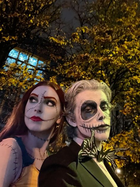 Sally And Jack Makeup, Diy Jack And Sally Costume, Jack And Sally Makeup Halloween, Sally And Jack Costume Couple, Jack Skeleton And Sally Costume, Sally And Jack Halloween Costume, Jack Halloween Makeup, Duo Costume Ideas Couple, Jack And Sally Makeup