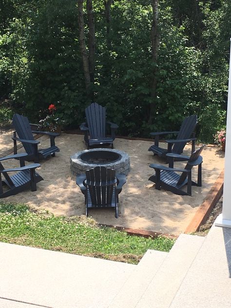 Lowes fire pit, leisure life adirondack chairs, timbers with sand, backyard getaways. Fire Pit Sand Area, Fire Pit Beach House, Sandpit Fire Pit, Sand In The Backyard, Backyard Sand Fire Pit Ideas, Sand Fire Pit Area Diy, Backyard Beach Fire Pit, Sand Around Fire Pit, Firepits Backyard With Sand