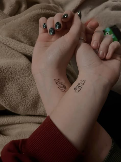 pretty wing tattoo aesthetic bestfriend butterfly fairy fine line tattoo Aesthetic Tattoos For Best Friends, Sister Tattoos Dainty, Tattoos Lower Arm, Matching Ethereal Tattoos, Half Fairy Wing Tattoo, Toy Story Best Friend Tattoos, Pretty Matching Tattoos For Best Friends, Arrow Butterfly Tattoo, Mismatch Tattoos