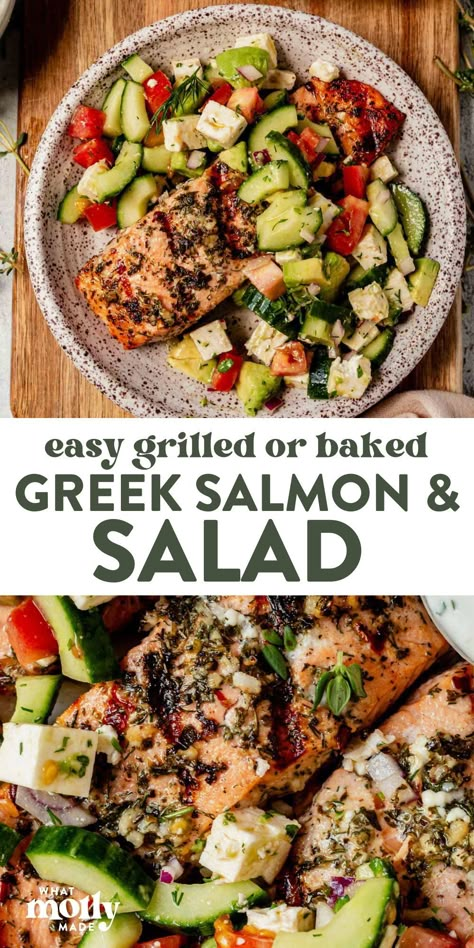 This Greek salmon recipe is the perfect light summer dinner. The Greek marinade adds tons of bold flavor and the salad is full of crunchy, delicious veggies. While the salmon marinates, mix all of the salad ingredients in a bowl. Grill or bake the salmon, top with salad, and serve! Whichever method you're using to cook the salmon, it will be delicious! Greek Salad With Salmon, Greek Salmon Recipes, Salmon Eggplant, Greek Salmon Recipe, Pomegranate Desserts, Mediterranean Keto, Greek Marinade, Greek Salmon, Salmon Grilled