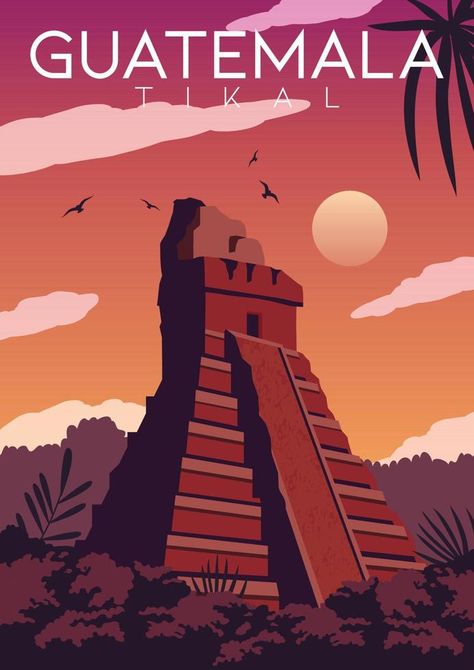 Guatemala Vector Illustration Background South American Decor, Guatemala Art, Mayan Art, Realism Painting, Tikal, Illustration Background, Skyline Art, Travel Illustration, Background Background