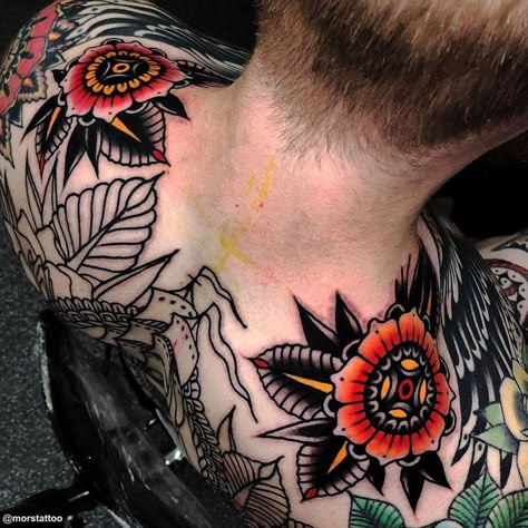 Tattoo Flower Shoulder, Shoulders Tattoo, Collar Tattoo, Umbrella Tattoo, Tattoo Uk, Peacock Tattoo, Leeds Uk, Traditional Style Tattoo, Bone Tattoos