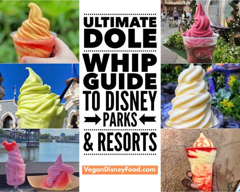 The Complete Guide and Ultimate List of ALL the vegan Dole Whip flavors and creations at Disney Parks and Resorts via @vegandisneyfood Dole Whip Flavors, Vegan Disneyland, Vegan Disney World, Dole Whip Disney, Figment Disney, Coconut Caramel Sauce, Dole Pineapple Juice, Fruit Whip, Whipped Pumpkin