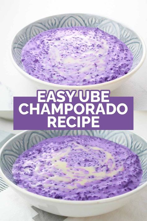 Ube Champorado Recipe, Ube Rice Crispy Treats, Purple Yam Recipe, Ube Champorado, Philippine Desserts, Champorado Recipe, Purple Yams, Ube Halaya Recipe, Rice Porridge Recipe