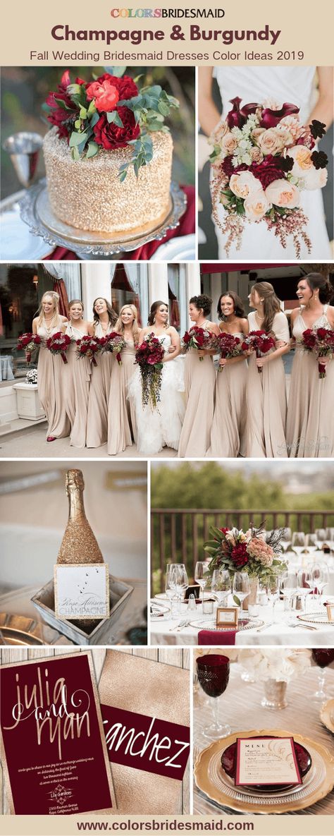 All 50+ Fall Wedding Color Palettes - ColorsBridesmaid Fall Wedding Bridesmaids, Fall Wedding Color Palette, Wedding Color Combos, Dresses Yellow, Champagne Bridesmaid Dresses, Champagne Bridesmaid, Burgundy Bridesmaid, Champagne Dress, Wedding Theme Colors