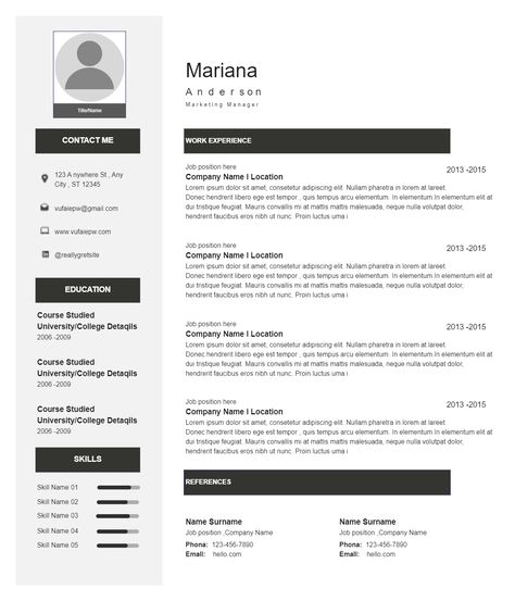 This minimalist cv resume is an excellent example of a non-formal minimalist resume. This template will give your resume a simple, friendly appearance, with a soft periwinkle color scheme and clean lines breaking up each section. Furthermore, the periwinkle minimalist resume starts with a colorful header, but instead of displaying a detailed resume skills section, it shows your work experience and education first. Colorful Header, Hard Skills, Minimalist Resume, College Graduates, Bio Data, Resume Maker, Periwinkle Color, Cv Resume, Resume Skills