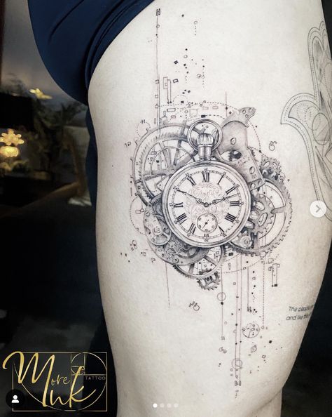 I love the design and look of the gears and the geometrics around the core design. I live the detail of the watch as well Gears Tattoo Design, Gears Tattoo, Miami Tattoo, Core Design, Watch Tattoos, Female Tattoo Artists, Love Tattoos, Girl Tattoos, Small Tattoos