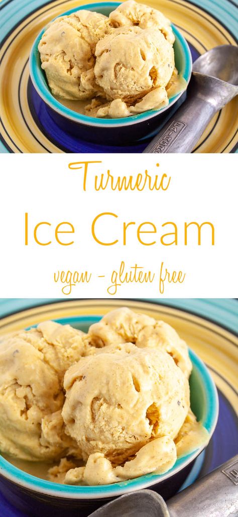 Turmeric Ice Cream (vegan, gluten free) - This creamy no-churn ice cream is spiced with turmeric, ginger, cinnamon, and cardamon. Ice Cream Vegan, Vegan Ice Cream Recipe, Healthy Ice Cream Recipes, Vegan Summer Recipes, Turmeric Recipes, Frozen Dessert Recipe, Turmeric Latte, Healthy Vegan Desserts, Vegan Lunch Recipes