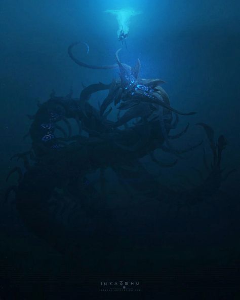 Deep sea king, Inka Shu on ArtStation at https://www.artstation.com/artwork/mq3OeE #art #artwork #deviantart #colors #painting Deep Sea King, Story References, Water Monster, Sea Monster Art, Ocean Monsters, Scary Ocean, Creature Marine, Lovecraft Cthulhu, Sea Creatures Art