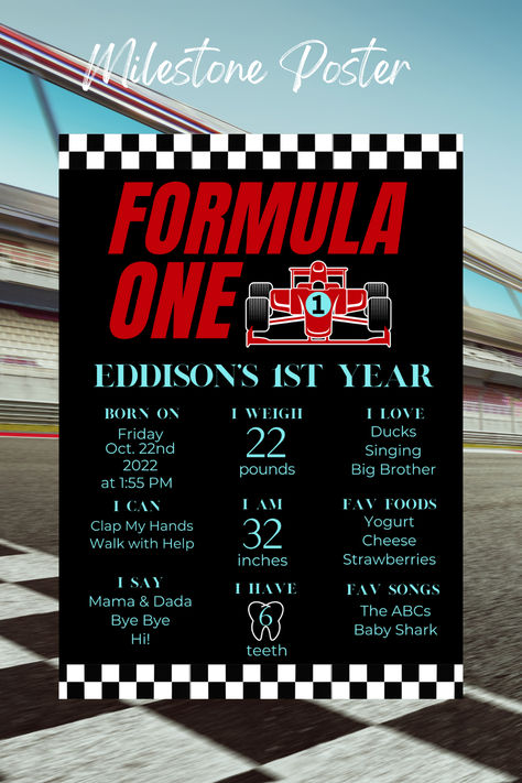 F1 Milestone Poster for baby Boy's 1st Birthday Party! Race 1st Birthday, First Birthday Formula 1, Ferrari 1st Birthday Party, Fast One 1st Birthday Party, F1 Racing Party Ideas, Formula One Themed Birthday, F1 1st Birthday Party, First Lap Birthday Theme, Fast One Theme Birthday