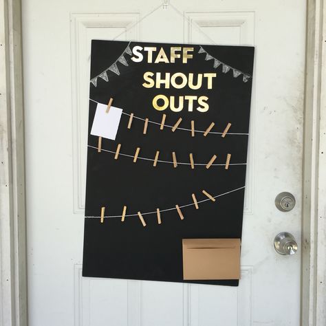 Employee Kudos Board, Staff Celebration Board, Daycare Staff Board, Office Shout Out Board Ideas, Shoutout Board Staff, Front Desk Appreciation Ideas, Staff Mailbox Ideas, Small Employee Break Room Ideas, Staff Notice Board Ideas