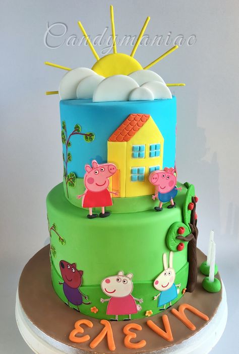 Peppa the pig with her friends cake for a little girl’s birthday. Two tiers of mud chocolate cake and Swiss meringue buttercream. Tortas Peppa Pig, Bolo Da Peppa Pig, Peppa Pig Birthday Decorations, Peppa Pig Birthday Party Decorations, Peppa Pig Cake Topper, Peppa Party, Rodjendanske Torte, Peppa Pig Birthday Cake, Pig Birthday Cakes