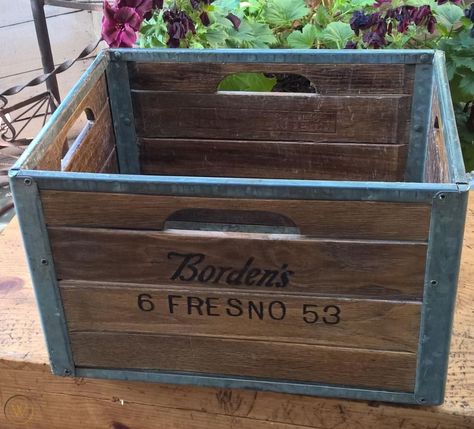 BORDEN'S OAK MILK CRATE, DAIRY CRATE. FRESNO 1953. OAK WOOD SIDES w METAL FLOOR | #1735061956 Milk Crate Furniture Plastic, Milk Crate Vinyl Storage, Plastic Milk Crate Bookcase, Wood Milk Crate, Metal Milk Crates, Milk Crate, Fresno California, Milk Crates, Metal Floor