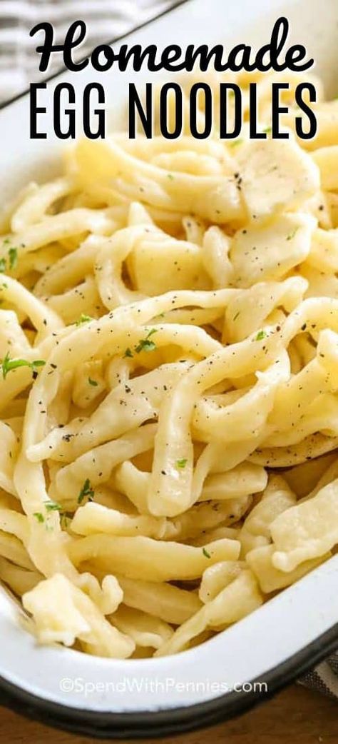 Easy Egg Noodles are so delicious you may never purchase store bought again! These noodles are not only tasty but they have a texture that is both delicate and tender, making them the perfect side dish for your favorite fall recipes. #spendwithpennies #eggnoodles #easyrecipe #homemade #noodles #simplerecipe #sidedish #easyside Egg White Noodle Recipes, Homemade Egg Noodles Recipes, Easy Egg Noodles, Egg Noodle Recipe, Easy Homemade Noodles, Noodle Recipes Homemade, Egg Noodle Recipes, Homemade Egg Noodles, Homemade Pasta Recipe