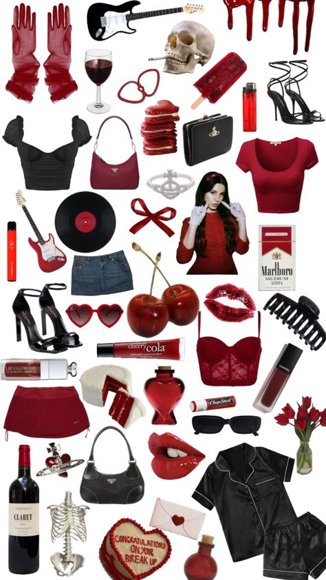 Red Outfit Collage, Dark Lovecore Outfit, Venus Capricorn, Lana Del Rey Concert Outfit, Cherry Aesthetics, Vintage Americana Aesthetic, Lana Del Rey Outfits, Americana Aesthetic, Blue Gingham Dress