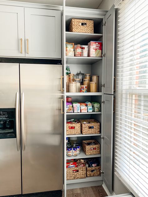 Small Kitchen Pantry Closet Organization Ideas, Pantry Living Room, Small Pantry Cupboard Ideas, Organized Kitchen Pantry, Pantry In Kitchen Ideas, Small Pantry With Fridge, Pantry Beside Refrigerator, Kitchen With Small Pantry, Adding A Pantry To A Small Kitchen