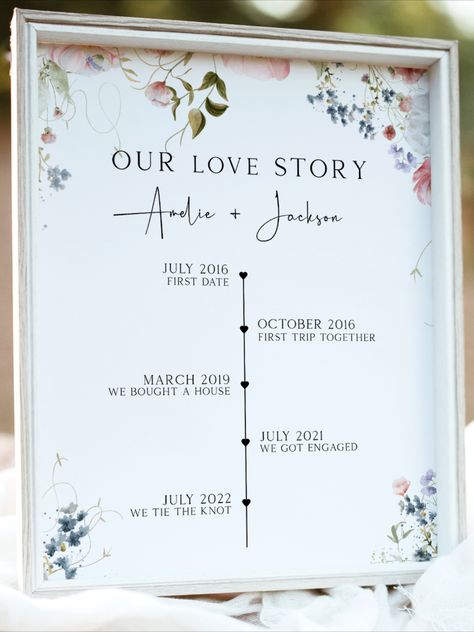 wedding sign with most important dates for the couple Wedding Story Of Us Display, Love Is In Bloom Engagement Party, Love Story Timeline Wedding, Welcoming Board, Welcome To Our Love Story Sign, Love Story Signs For Wedding, Our Love Story Wedding Sign, Love Story Wedding Sign, Cocktail Engagement Party