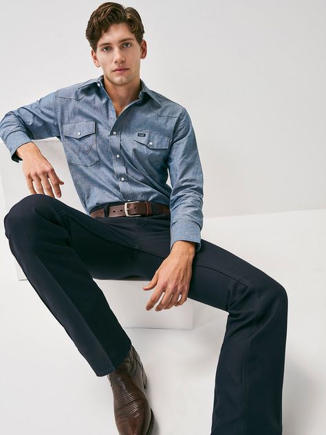 Wrancher® Dress Jean Work Shirt Outfit Men, Wrangler Dress Jeans, Dress Jeans Men, Western Men Outfits, Wrangler Wrancher Dress Jean, Wrangler Dress, Denim Long Sleeve Shirt, Blue Shirt With Jeans, Wrangler Cowboy