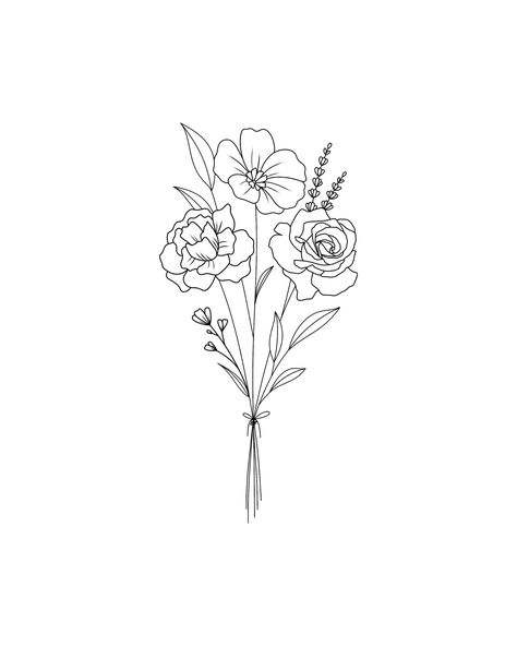 Flower Template Tattoo, Individual Flower Drawing, Bouquet Of 3 Flowers Tattoo, June Flower Bouquet Tattoo, Single Line Flower Bouquet Tattoo, August Flower Bouquet Tattoo, Small Boquetes Of Flowers Tatoos, Line Work Bouquet Tattoo, Bouquet Of Flowers Tattoo Forearm