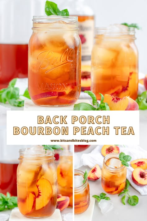 Peach Tea Cocktail, Bourbon Drinks Recipes, Peach Bourbon, Tea Cocktail Recipes, Adult Tea Party, Bourbon Smash, Fruity Cocktail, Tea Cocktail, Liquor Recipes