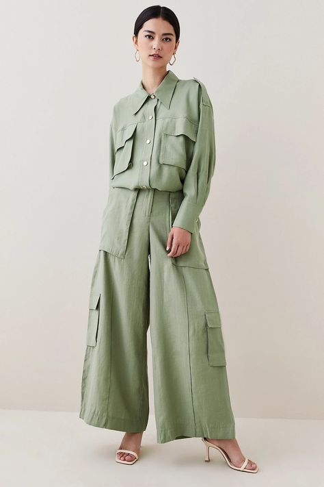 Tie Outfit, Combat Trousers, Trouser Pocket, Linen Fashion, Style Cargo, Coat Design, Slim Fit Trousers, Karen Millen, Khaki Green