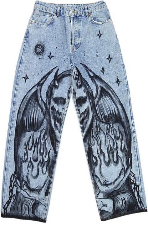 Sharpie Jeans Grunge, Men Painted Jeans, Drawn On Jeans Grunge, Pants With Drawings On Them, Custom Pants Jeans, Custom Pants Paint, Graffiti Clothes, Denim Jacket Diy Paint, Graffiti Clothing