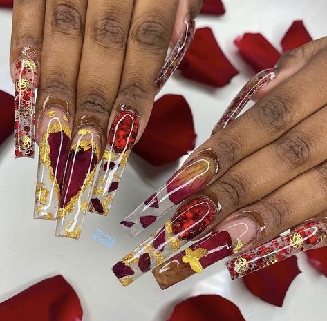 Rose Petal Nails, Petal Nails, Red Rose Petals, Stitch Drawing, Long Acrylic Nails Coffin, Pink Acrylic Nails, Acrylic Nails Coffin, Romantic Roses, Fire Nails