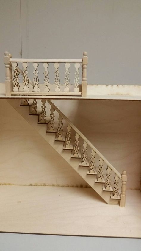 Staircase With Landing, Dollhouse Staircase, Straight Staircase, Stair Newel Post, Staircase Kits, Staircase Landing, Dollhouse Design, Newel Posts, Victorian Dollhouse