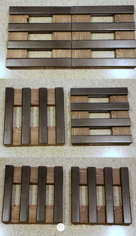 Learn how to make a DIY Trivet to spruce up your dinner table with this full picture tutorial at MyLove2Create Wooden Trivets Diy, Diy Wood Trivets, Diy Trivet, Repurposed Crib, Barnwood Crafts, Wooden Placemats, Wooden Trivets, Trivet Design, Trivets Diy