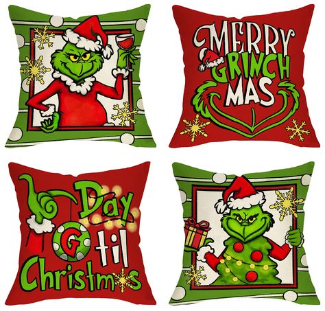 9 Festive Grinch Home Decor Ideas Grinch Living Room, Grinch Living Room Decor, Santa Tree, Interesting Patterns, Couch Decor, Outdoor Cushion Covers, Christmas Pillowcases, Christmas Pillows, Throw Pillows Christmas