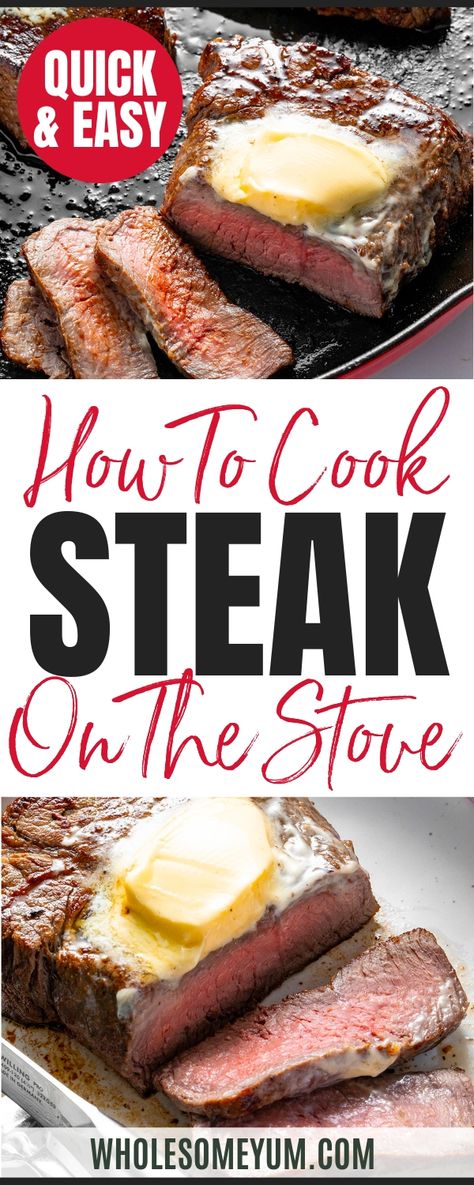 Learn how to cook steak on the stove perfectly with my juicy, easy pan seared steak recipe and time chart. No oven or grill needed! Best Pan Seared Ribeye Steak Recipe, Best Way To Cook A Steak On The Stove, Spencer Steak Recipes, Steak Pan Recipes, Plank Steak Recipes Beef, Indoor Steak Recipes, Seared Steak Dinner Ideas, Pan Seared Steak Recipes, Center Cut Sirloin Steak Recipes