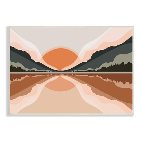 "Buy the Stupell Industries Misty Sunrise Geometric Green Mountain Lake Reflection Wall Plaque at Michaels. com. All of our wall plaques start off as high quality lithograph prints that are then mounted on durable 0.5 inch thick MDF wood. Each piece is hand finished and comes with a fresh layer of foil on the sides to give it a crisp clean look. Proudly made in the USA, all of All of our wall plaques start off as high quality lithograph prints that are then mounted on durable 0.5 inch thick MDF Misty Sunrise, Lake Reflection, Bakery Design Interior, Layered Art, Mirror Sign, Paint Marker, Lithograph Print, Mountain Art, Stupell Industries