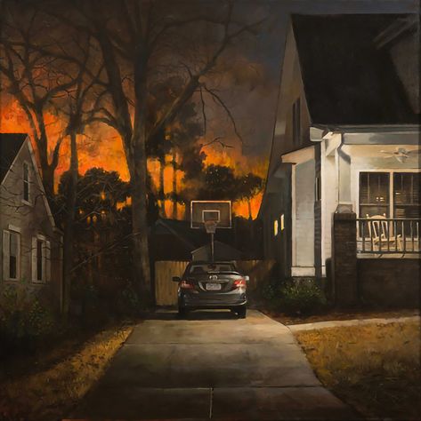 Alberto Ortega: American Suburbs at Night Phineas Y Ferb, Night Landscape, Porch Lighting, Night Aesthetic, Urban Landscape, American Artists, Featured Artist, Paintings For Sale, At Night