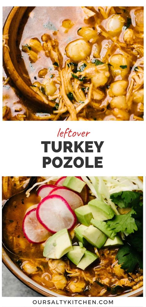 Some thanksgiving leftovers are best the second and third day - and secretly, we love those meals even more than classic leftovers like turkey sandwiches! Turkey pozole is a quick and easy twist on a traditional slow-cooked Mexican soup, and it absolutely makes the most of leftover Thanksgiving turkey! With hominy, spices, and toppings galore, this is a unique twist on Thanksgiving turkey soup. #leftoverturky #thanksgivingsoup #turkeysoup #pozole Pazole Recipe, Easy Pozole Recipe, Pasole Recipe, Sandwiches Turkey, Thanksgiving Soups, Posole Recipe, Pozole Recipe, Leftover Thanksgiving, Turkey Soup Recipe