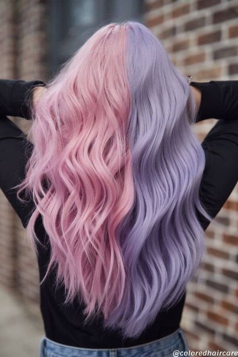 Split Dye Hair | How To Rock The Two-Tone Look. 6 Two Hair Colors Split, Half Pink Half Purple Hair, Half Purple Hair, Pink Split Dye, Split Hair Color Ideas, Best Color Combos, Split Dye Hair, Hair Dye Brands, Half Dyed Hair