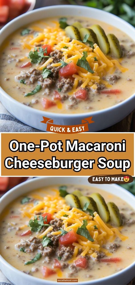 If you love the taste of a classic cheeseburger but want something warm and comforting, this One-Pot Macaroni Cheeseburger Soup is the perfect recipe for you. Combining tender ground beef, cheesy macaroni, and the tangy flavors of ketchup and mustard, this soup brings all the deliciousness of a cheeseburger into a hearty and satisfying dish. Big Mac Soup, One Pot Cheeseburger Macaroni Soup, One Pot Macaroni Cheeseburger Soup, Classic Cheeseburger, Cheeseburger Soup Recipe, Cheesy Macaroni, Best Easy Dinner Recipes, Macaroni Soup, Great Dinner Recipes