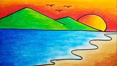 Oil Pastel Ideas Easy, Beach Drawing Easy, Oil Pastels Drawing, Beautiful Easy Drawings, Draw Scenery, Beautiful Scenery Drawing, Scenery Drawing For Kids, Drawing Classes For Kids, Drawing Beach