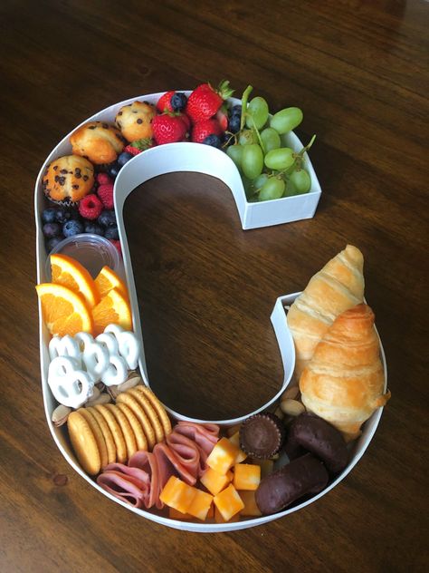 Letter Food Platter, Letter Food Tray Ideas, Food Letter Tray, Letter Fruit Charcuterie Board, Charcuterie With Letters, Charcuterie Board Letters, Number Shaped Charcuterie Board, Sweet Charcuterie Letter, Cardboard Number Charcuterie