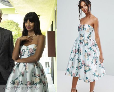 Tahani Al Jamil Outfit, Nanny Outfit, Jameela Jamil, Flower Power Dress, The Chi, Worn On Tv, Chi Chi London, Strapless Floral Dress, Clothes Style