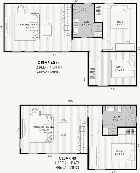 CÉSAR Granny Flats by Garden Studios | Granny Flats Floating Floorboards, Sliding Mirror Wardrobe, Granny Flat Plans, Flat Plan, Flat Layout, Sweet Home Style, Skillion Roof, Small Cottage House Plans, Aluminium Sliding Doors