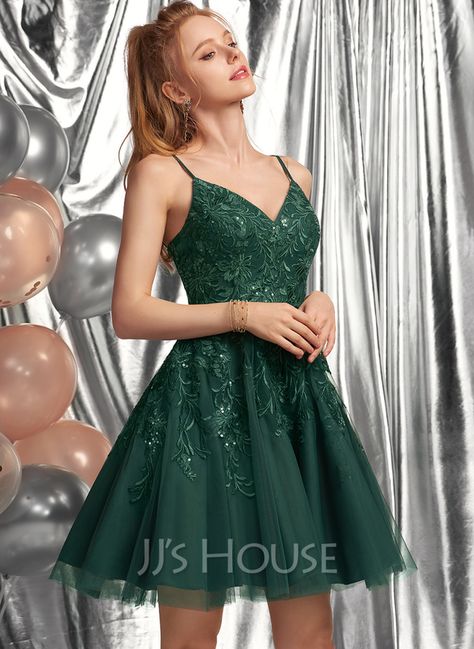 A-Line V-neck Short/Mini Tulle Homecoming Dress With Lace Sequins (022236547) Green Homecoming Dresses, Mini Homecoming Dresses, Tulle Homecoming Dress, Dress Homecoming, Lace Homecoming Dresses, Short Prom Dress, Grad Dresses, 8th Grade, Short Mini Dress